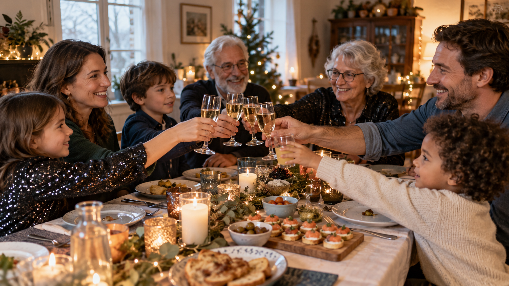 Une famille multigénérationnelle célèbre le réveillon autour d’une table